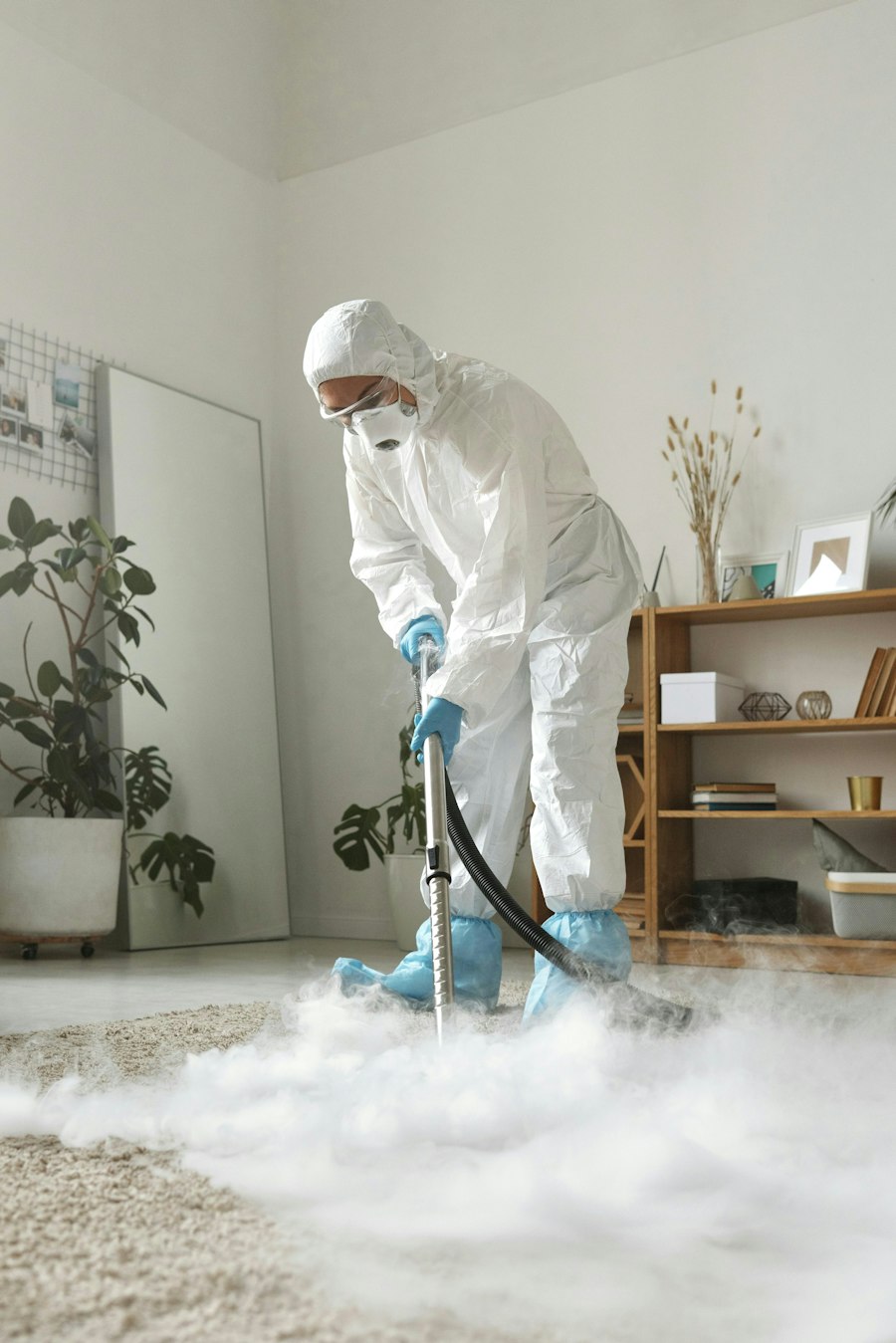 Técnico con traje de protección desinfectando una vivienda