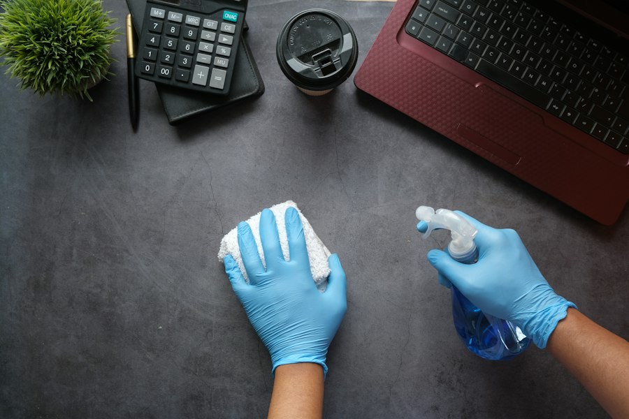 Desinfección de un escritorio de oficina con guantes y atomizador